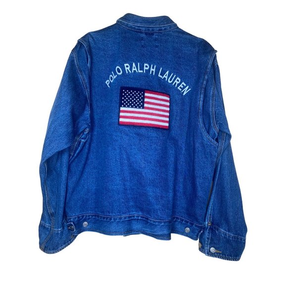 Vtg Polo Ralph Lauren Men's Denim Jacket Size XL American Flag Patch RL Letterin - Picture 1 of 11